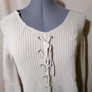 VENUS Lace-up Sweater Top XS Beige V-neck pullover Cotton crochet Pretty! LongSl